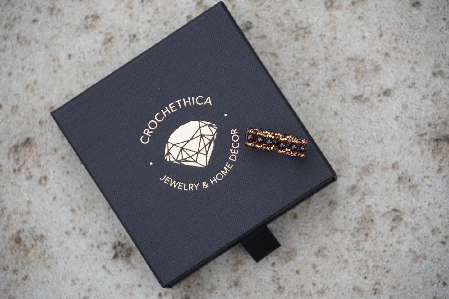 Garnet ring detail, handmade beaded gemstone ring