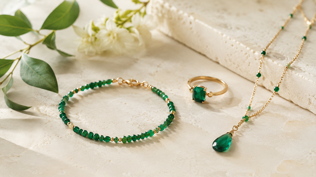 Emerald-inspired handmade green gemstone jewelry with gold accents by CROCHETHICA