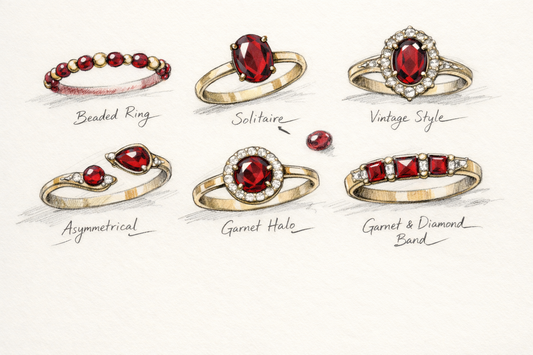 jewelry sketches of rings with garnet and diamonds