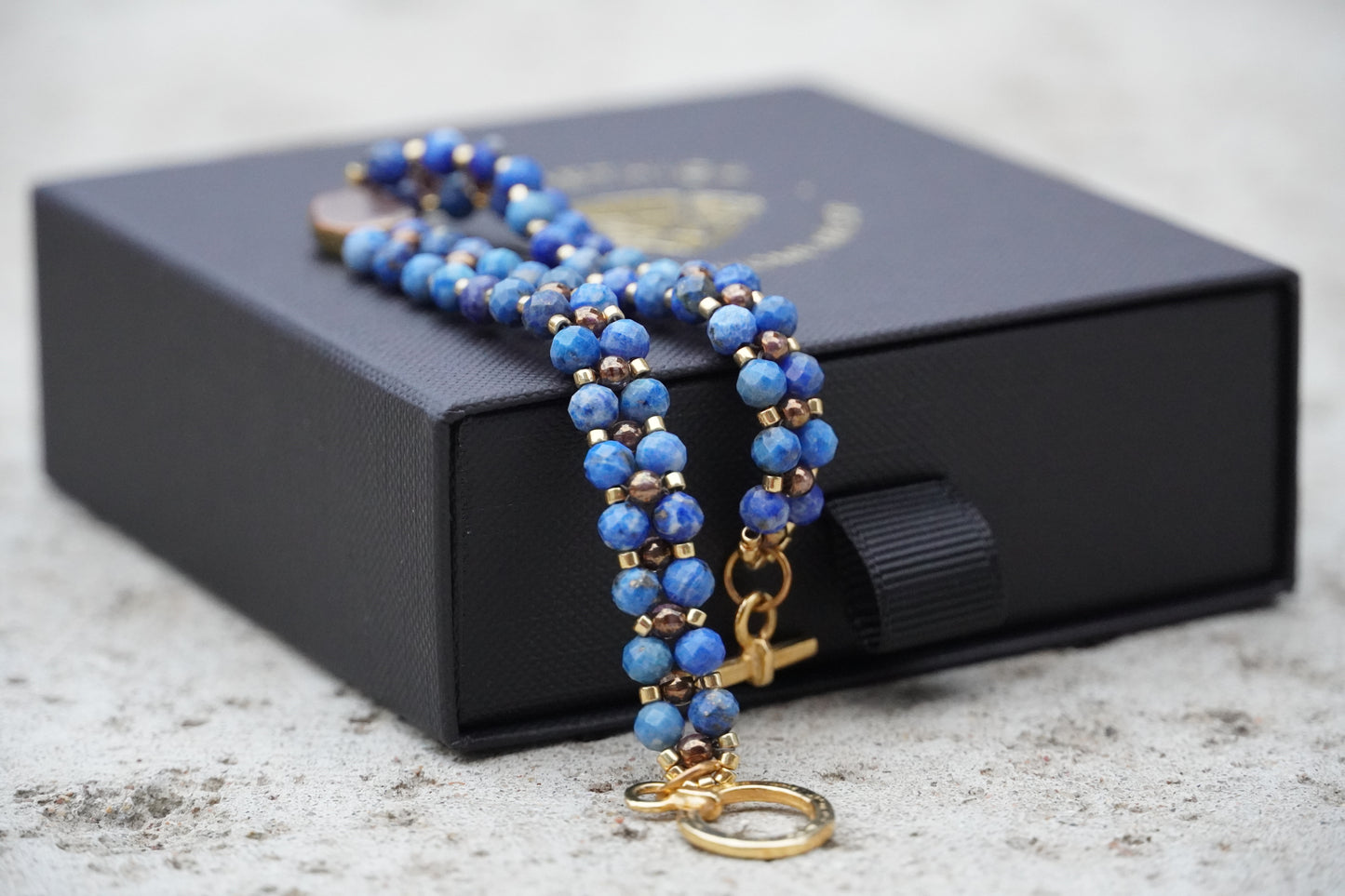 Lapis lazuli bracelet bead detail with Japanese galvanized beads