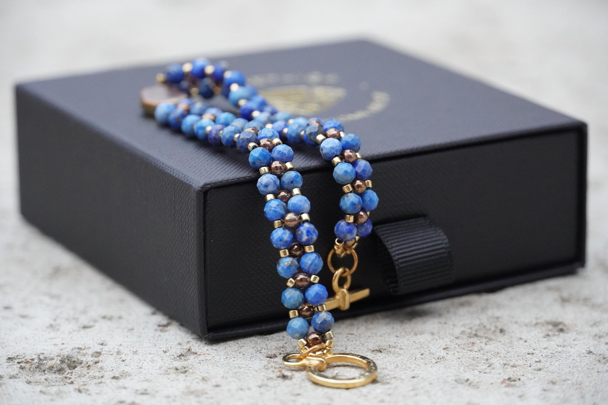 Lapis lazuli bracelet bead detail with Japanese galvanized beads