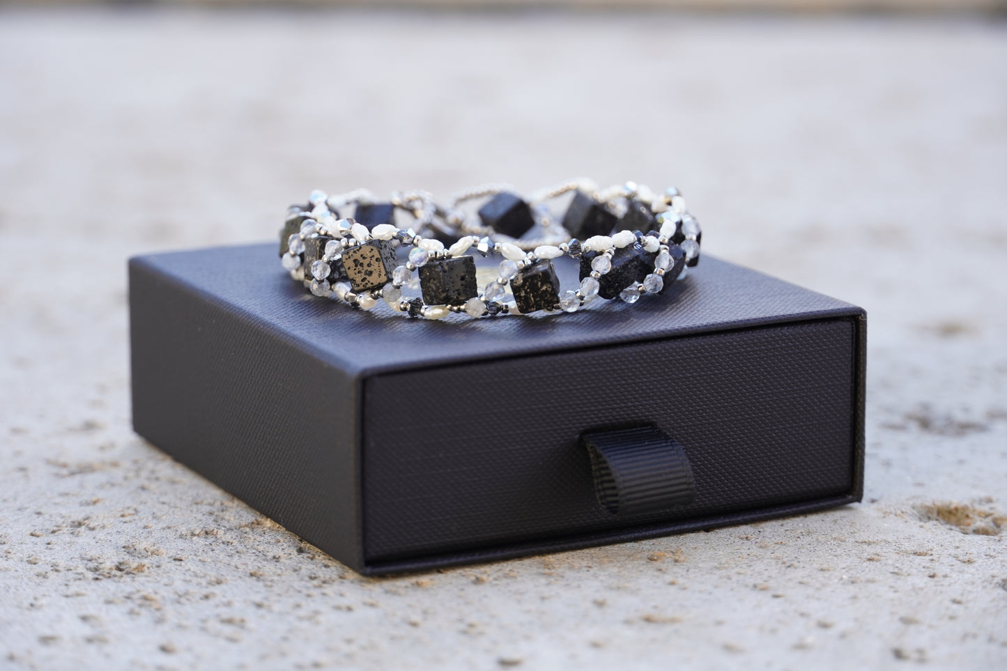 Handmade lava rock pearl and labradorite bracelet with silver toggle clasp