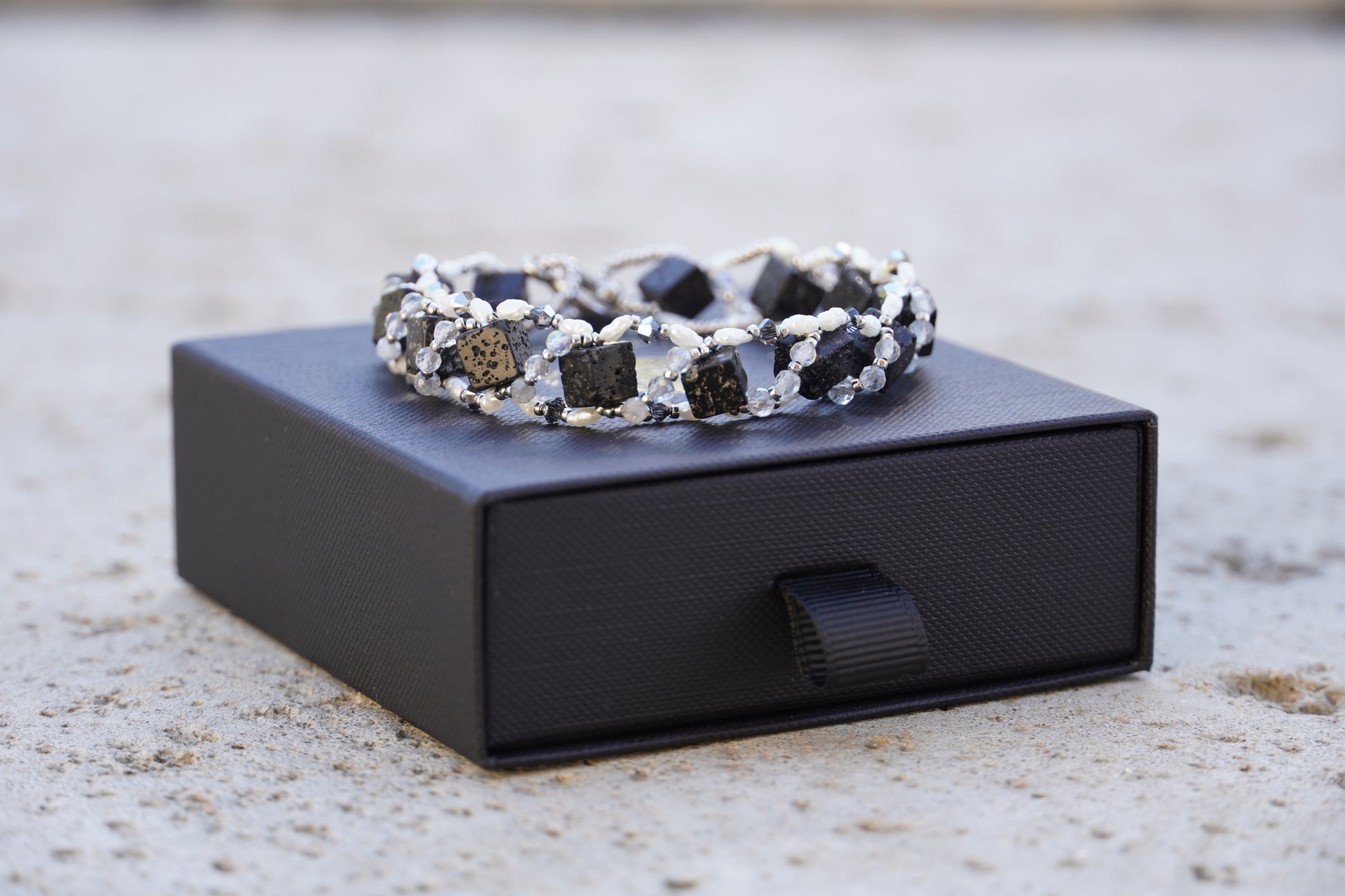 Handmade lava rock pearl and labradorite bracelet with silver toggle clasp